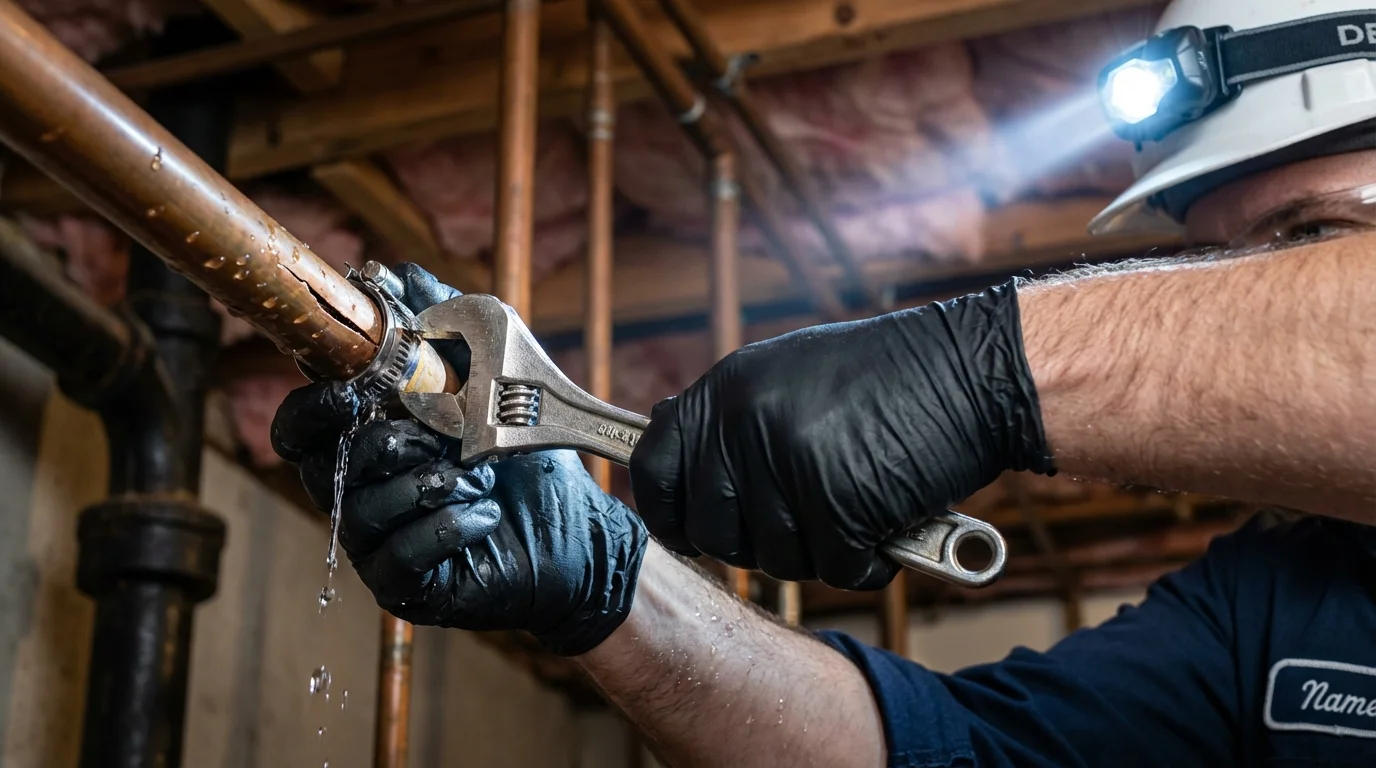 Emergency pipe clamp repair being performed by a Johns Plumbing LLC plumber in Lewisburg