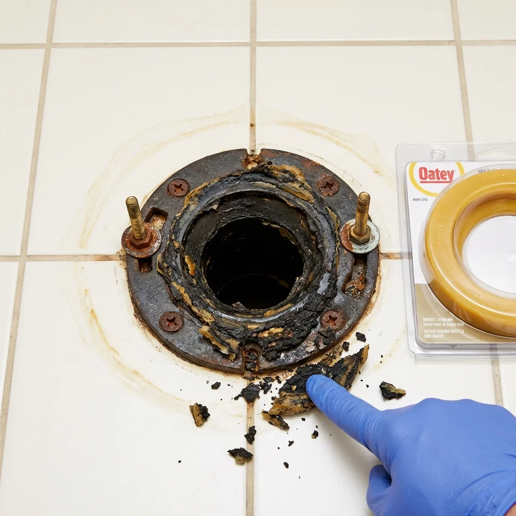 Failed wax ring showing water seepage at the base of a toilet in a Lewisburg, OH home