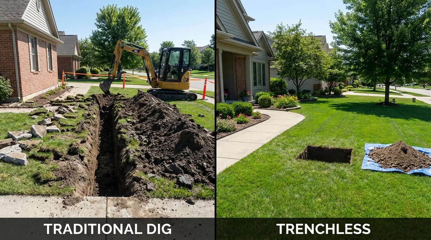 Trenchless sewer repair with minimal yard damage versus traditional excavation in Lewisburg, OH