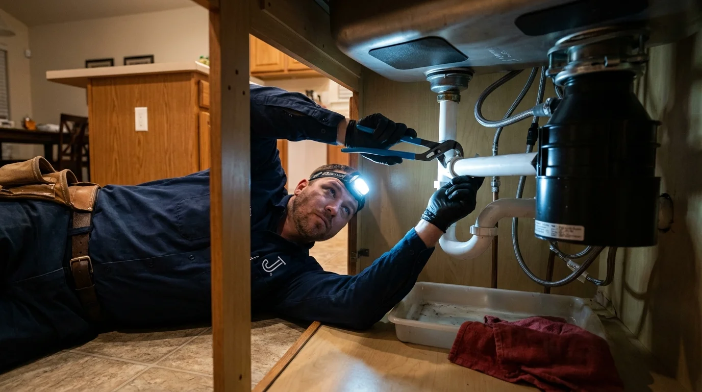 P-trap and supply line connections under a kitchen sink showing a common leak point in Lewisburg, OH